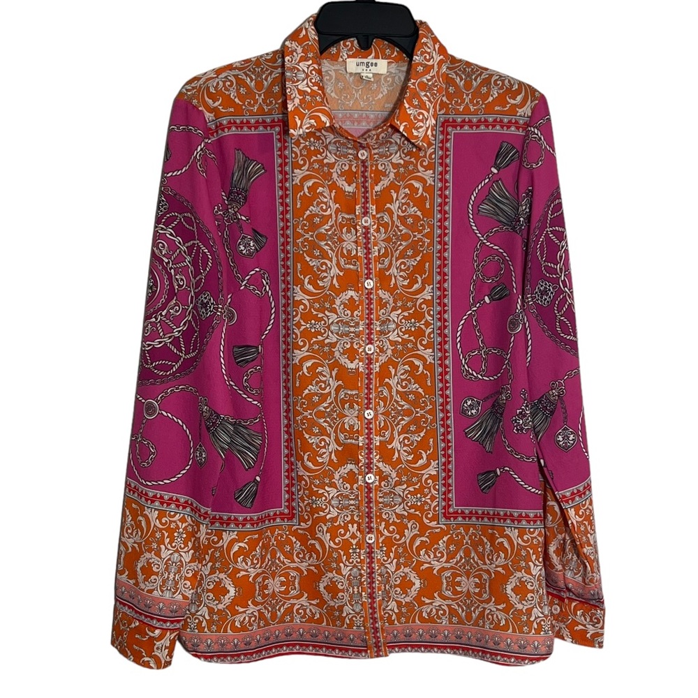 Umgee Pink/Orange Button Up Long Sleeve Shirt Size Small Top